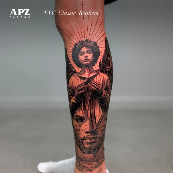 Realism Angel, Portrait tattoo on Calf