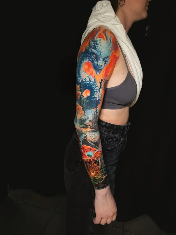 female color illustrative tatouage sur full sleeve #94979 | Artiste tatoueur Владимир Соловьев