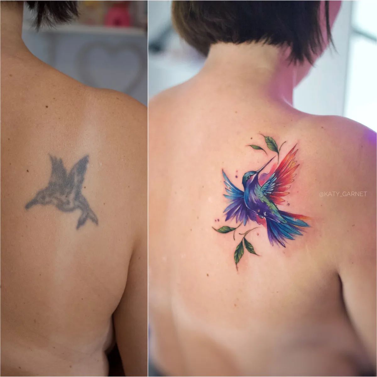 A vibrant watercolour hummingbird tattoo with leaf elements, applied over a previous tattoo as a cover-up, showing the style's capacity to mask older work with colour.