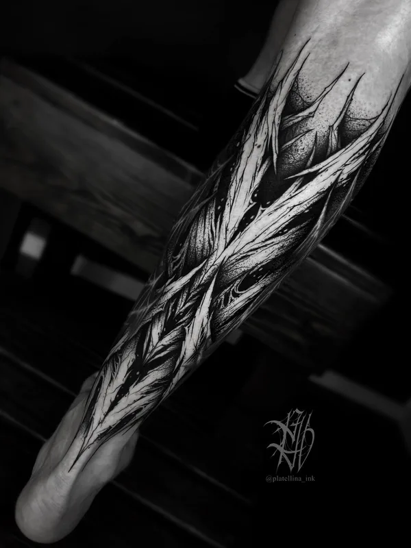 male black darklettering tatuaje en calf #94853 | Tatuador Ellina Plat