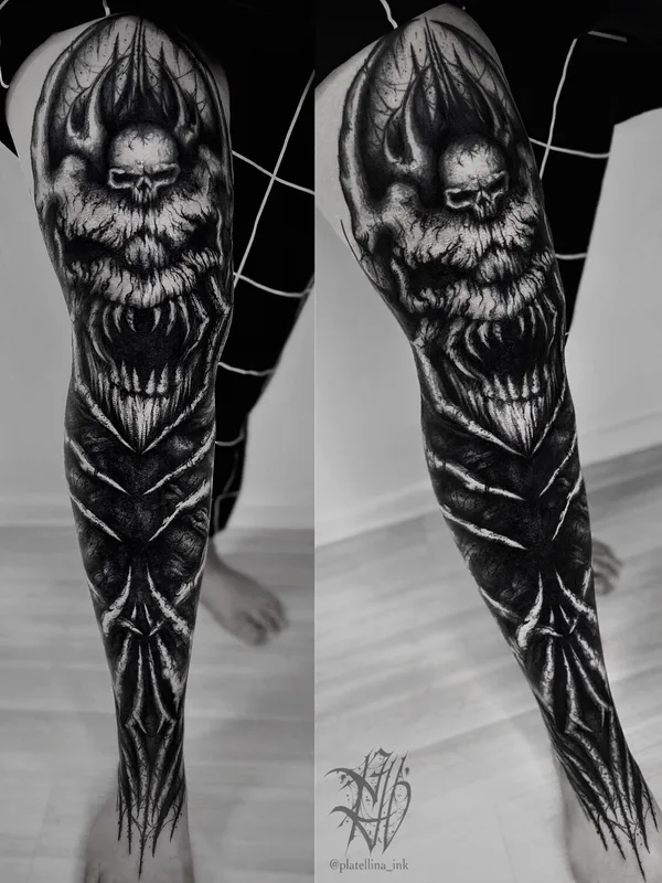 female black horror tatuaje en leg #94870 | Tatuador Ellina Plat