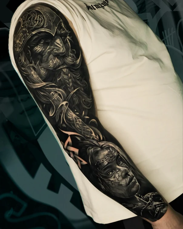 Realism Portrait, Celtic tattoo on Full Sleeve