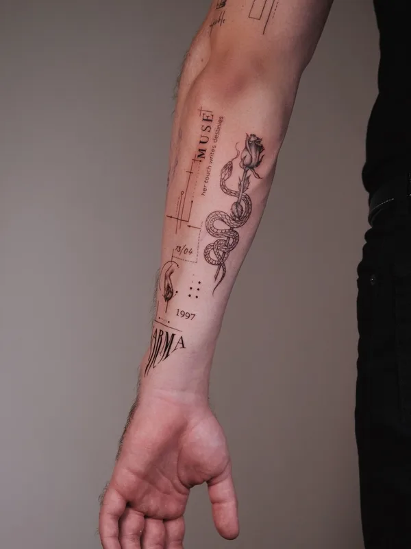 male black fineline 纹身 在 forearm #99296 | 纹身师 Ирина Шмаринова