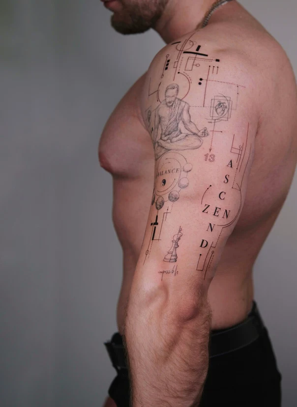 Скетч / Набросочная Buddha, Geometric shapes tattoo на Полный рукав
