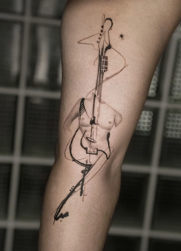 Sketch Guitar, Figure tattoo on Thigh