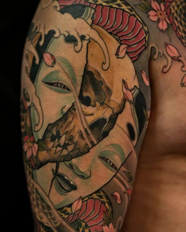 Japanese Mask, Cherry blossom tattoo on Full Sleeve