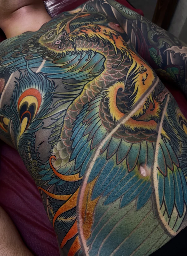 Японская Phoenix, Peacock tattoo на Спина (полная)