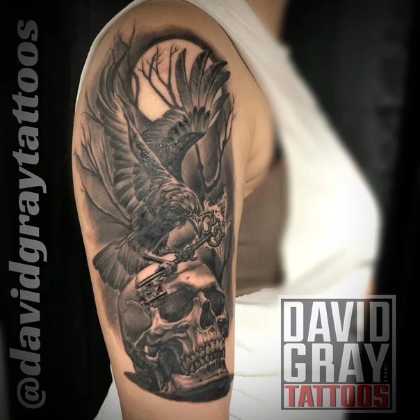 Realism Skull, Raven tattoo on Upper Arm