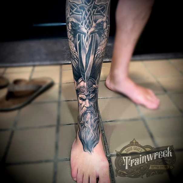 Black & Grey Viking, Raven tattoo on Calf