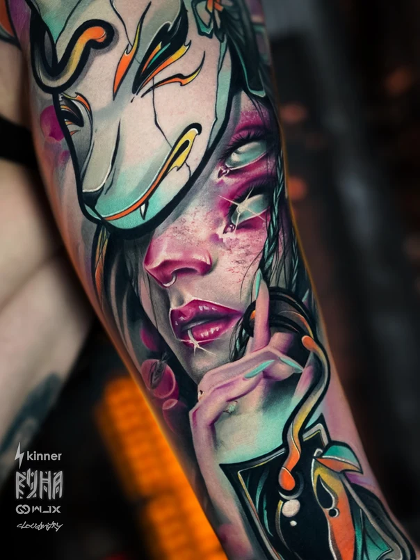 Иллюстративная Mask, Portrait tattoo на Предплечье