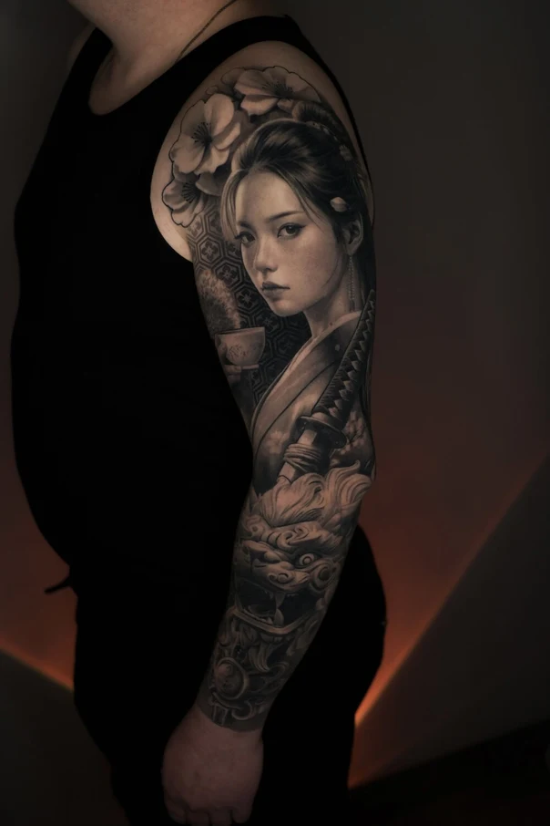 Реализм Geisha, Dragon tattoo на Полный рукав