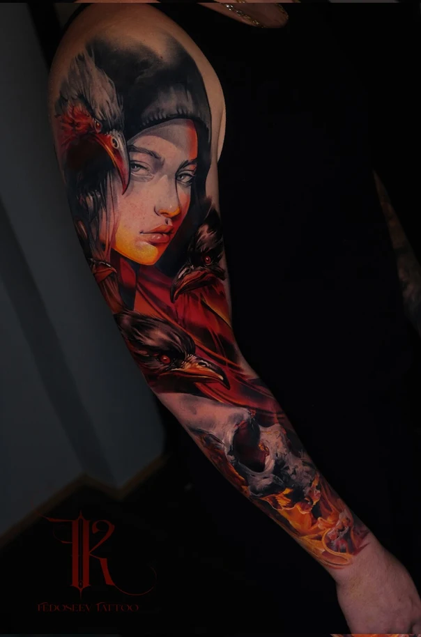 Реализм Portrait, Raven tattoo на Полный рукав