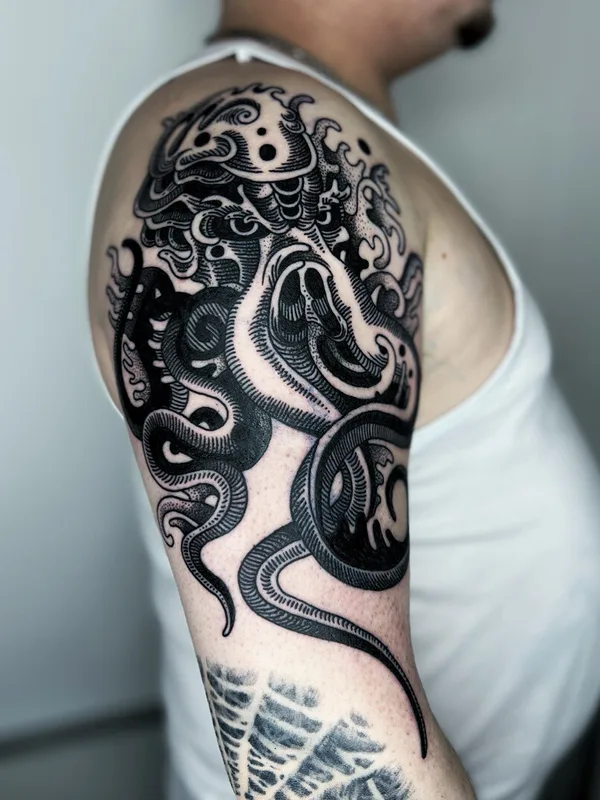 black blackwork татуировка на upper arm #99555 | Тату мастер Сева Назаров