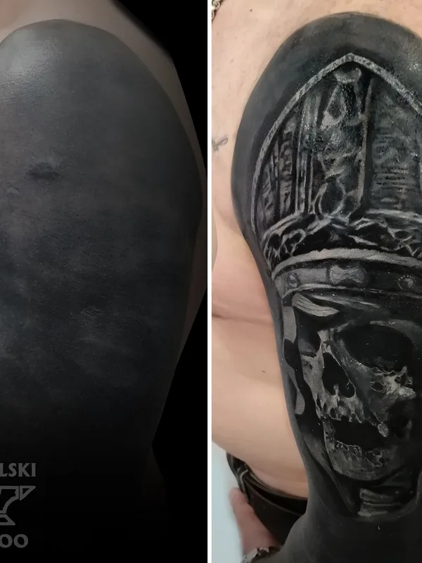 blackandgrey coverup tattoo auf shoulder #93928 | Tätowierer Владимир Ковалевский