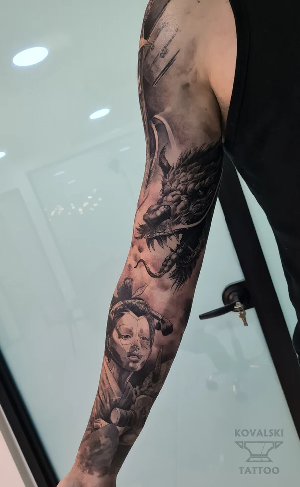 Японская Dragon, Geisha tattoo на Полный рукав