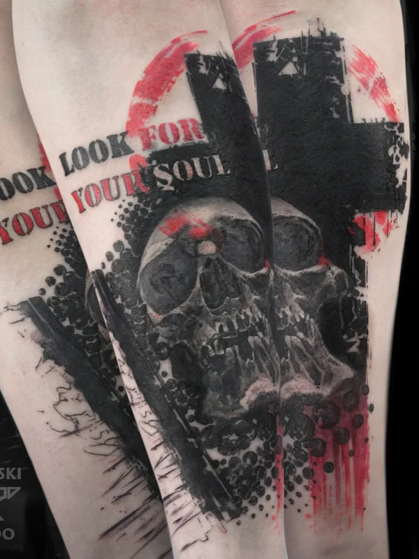 male color trashpolka tattoo auf forearm #96226 | Tätowierer Владимир Ковалевский