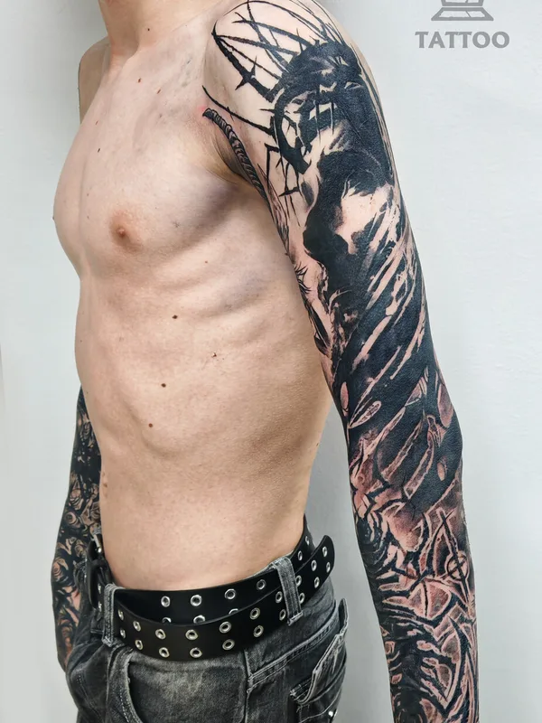 male black blackwork tattoo auf full sleeve #96267 | Tätowierer Владимир Ковалевский