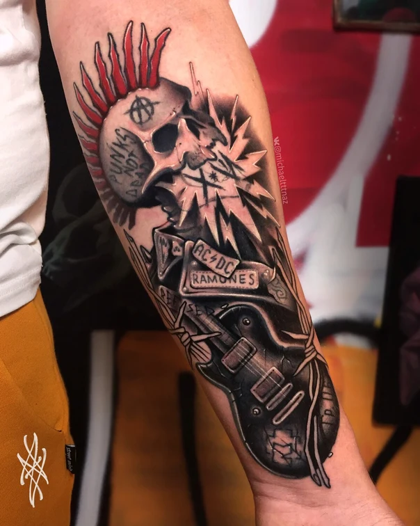 Neo-traditional Skull, Guitar tattoo на Предплечье