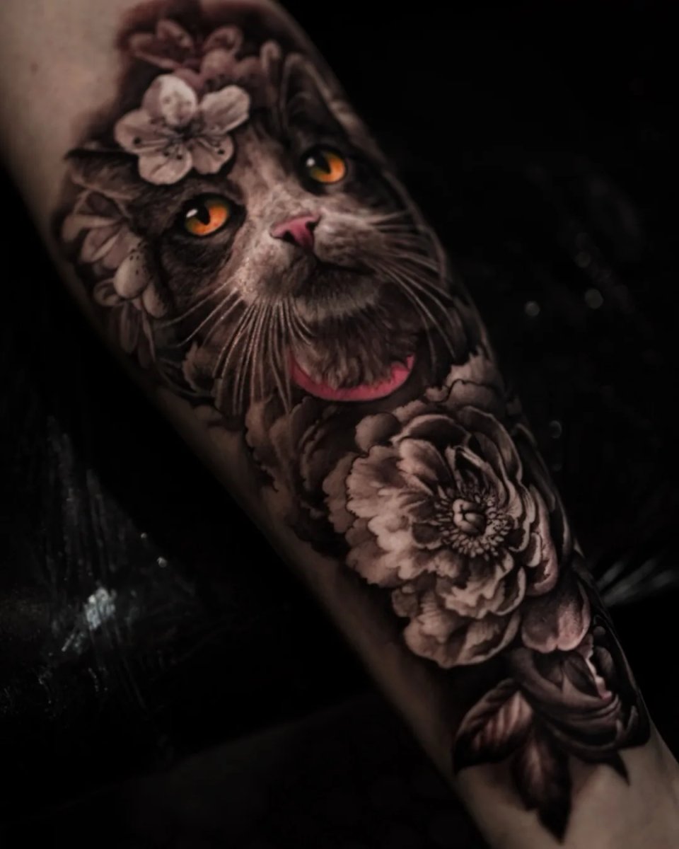 Realism Cat, Peony tattoo on Forearm