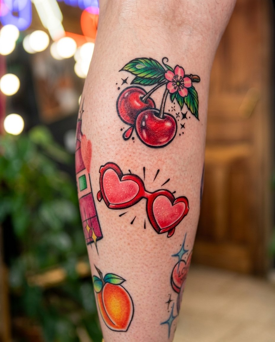 Neo Traditional Cherries, Heart-shaped sunglasses tattoo on Calf