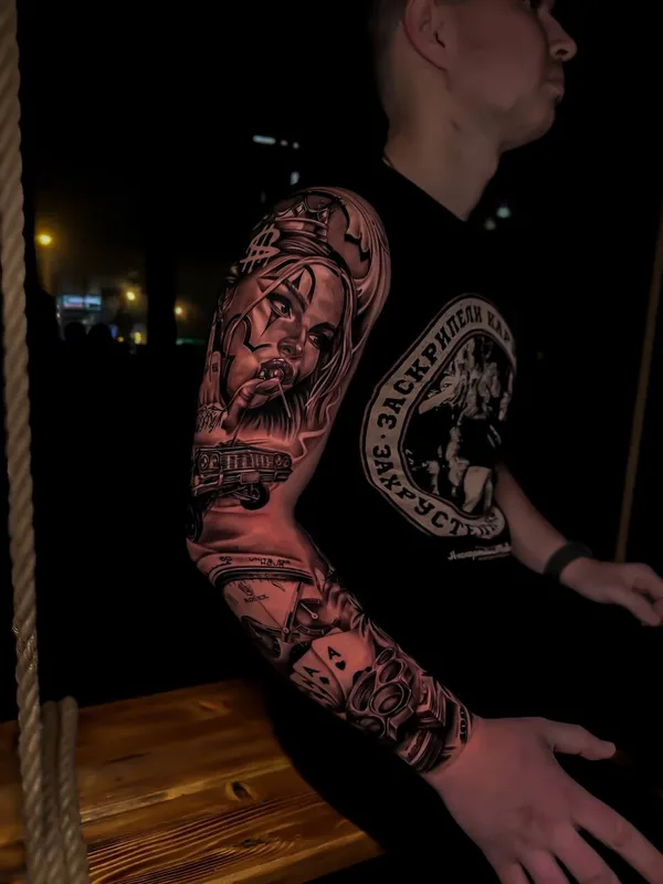 male black and grey black and grey татуировка на full sleeve #97685 | Тату мастер Виолетта Мартынова
