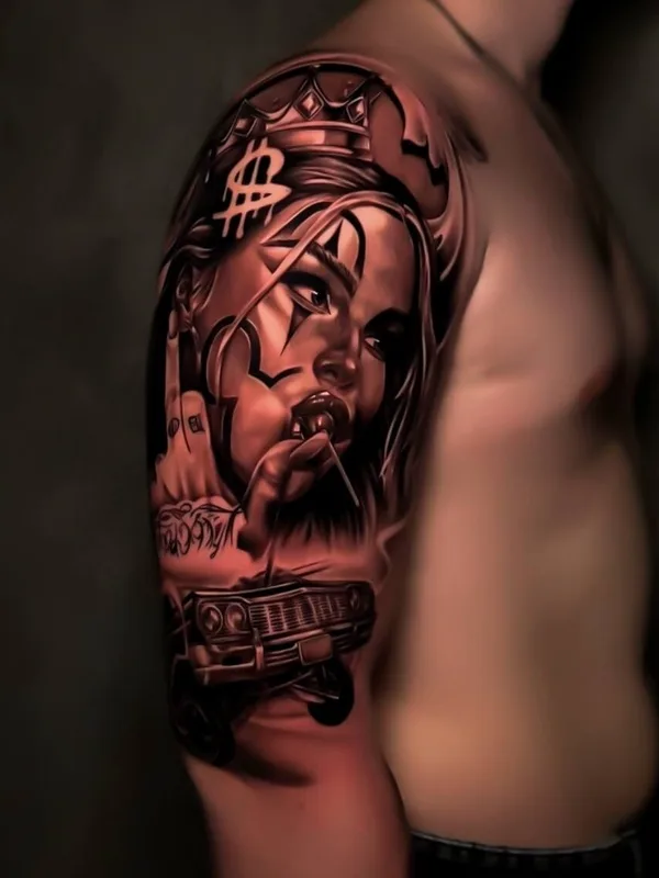 male black and grey chicano татуировка на full sleeve #97688 | Тату мастер Виолетта Мартынова