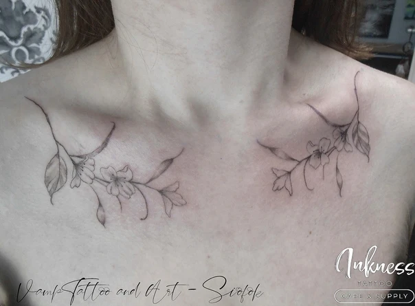 Fineline Flowers, Leaves tattoo on Collarbone