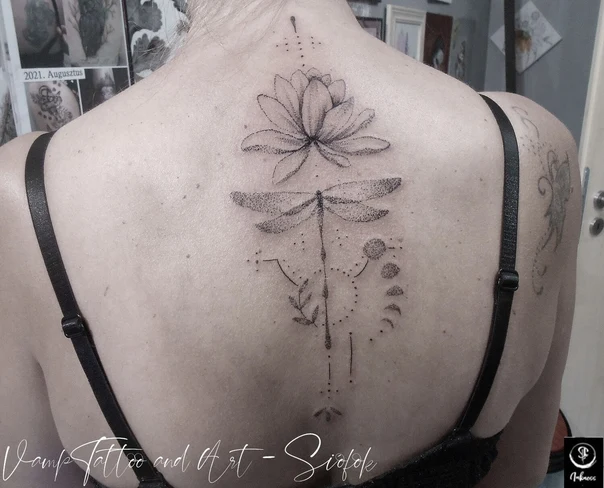 Dotwork Lotus, Dragonfly tattoo on Upper Back