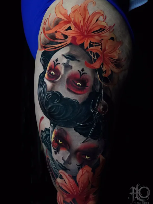 female color portrait Tatuaggio su leg #99913 | Tatuatore Анастасия Юсупова CAT_KABUKI