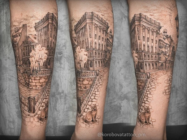 Engraving Cityscape, Cat tattoo on Calf