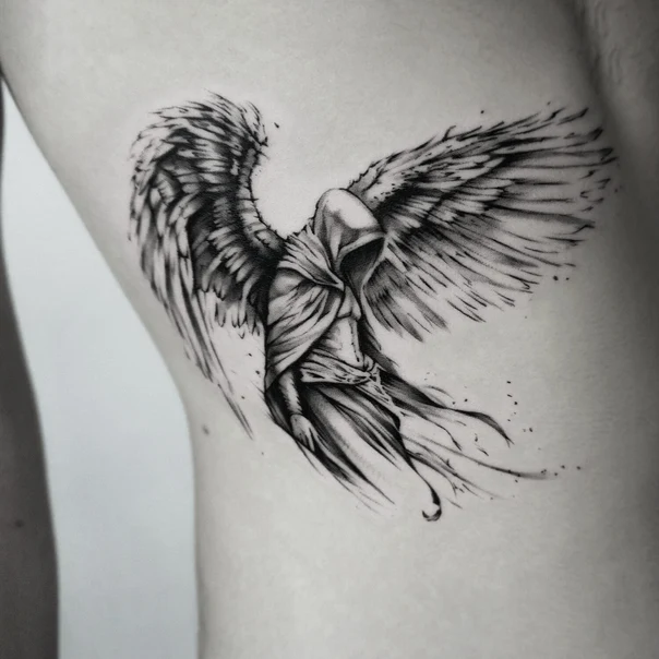 Black & Grey Angel, Wings tattoo on Ribcage
