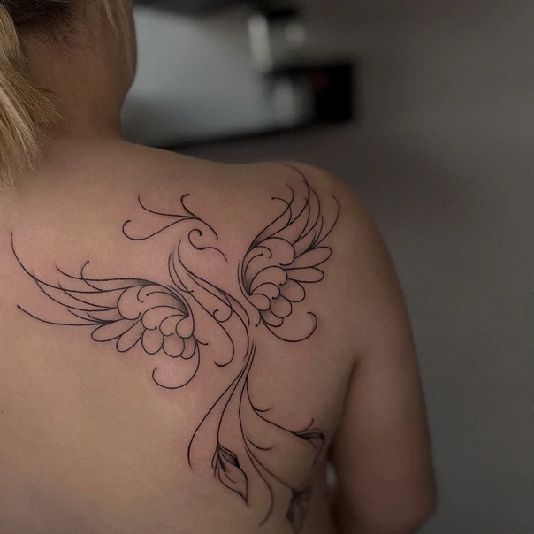 Linework Phoenix, Floral tattoo on Shoulder Blade