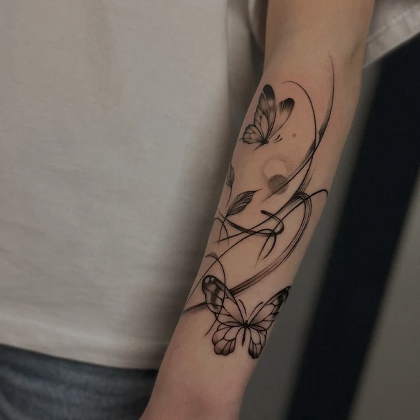 Fineline Butterfly, Floral tattoo on Forearm