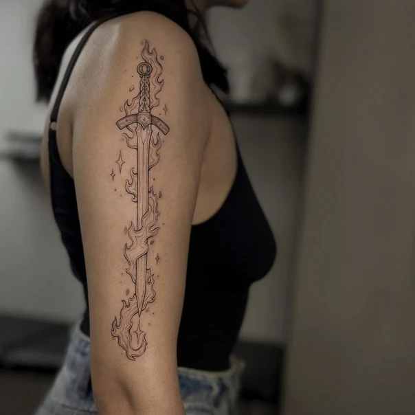 Linework Sword, Fire tattoo on Upper Arm