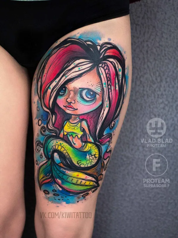 female color illustrative татуировка на thigh #11490 | Тату мастер Виктория KIWI Григорьева