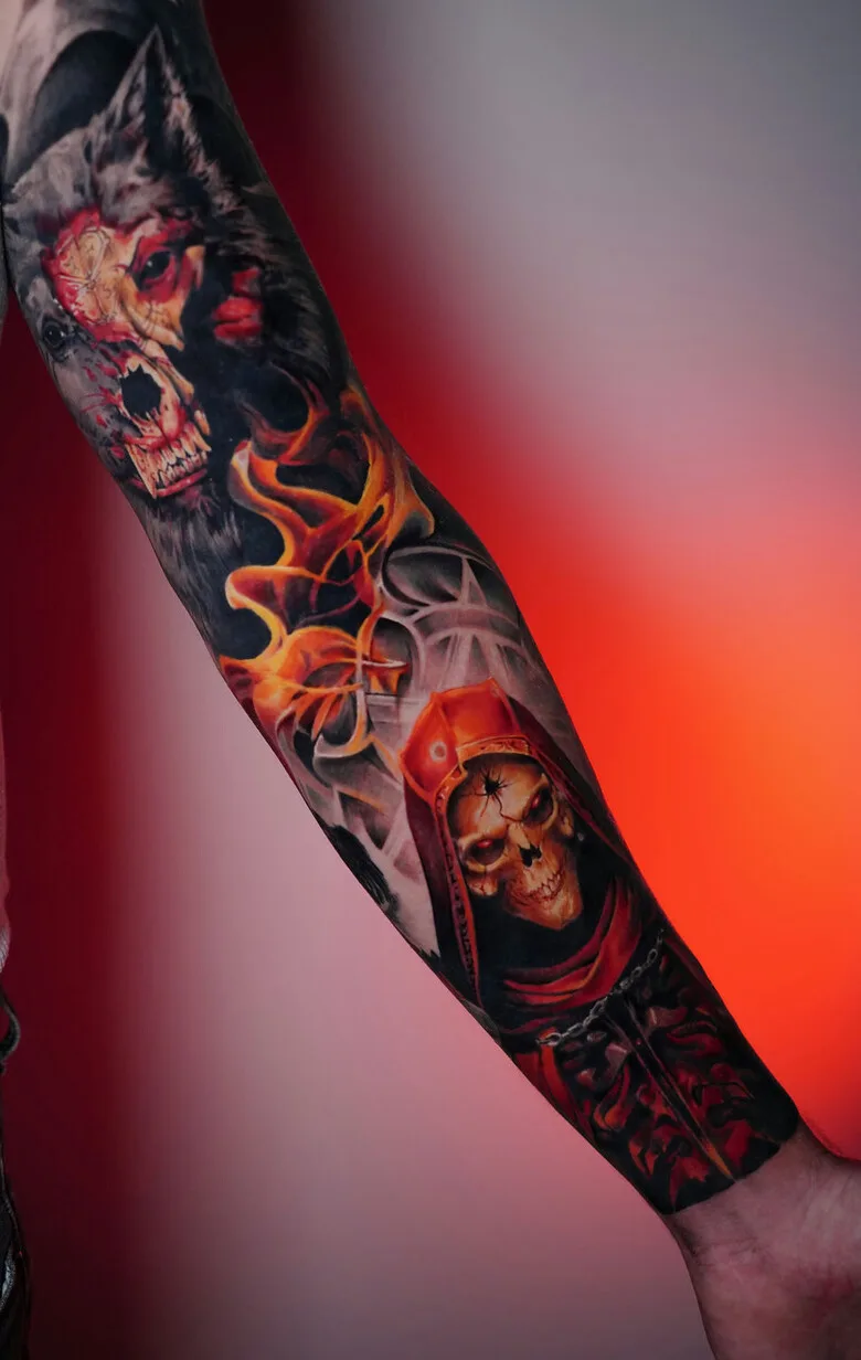 Color realistic sleeve tattoo by Yana Sulina