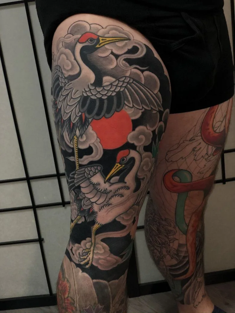 Japanese tattoo on leg by Thom Piñeiro