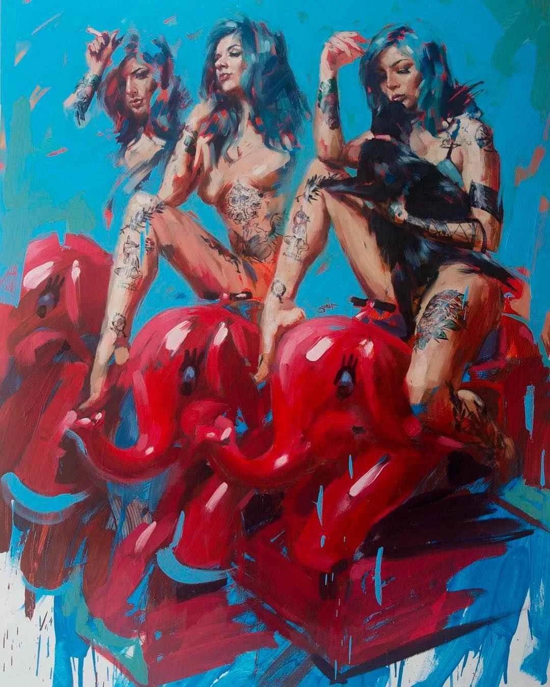 As pinturas do artista Chris Guest, imagens Neo Pin-Up com modelos tatuados | Reino Unido