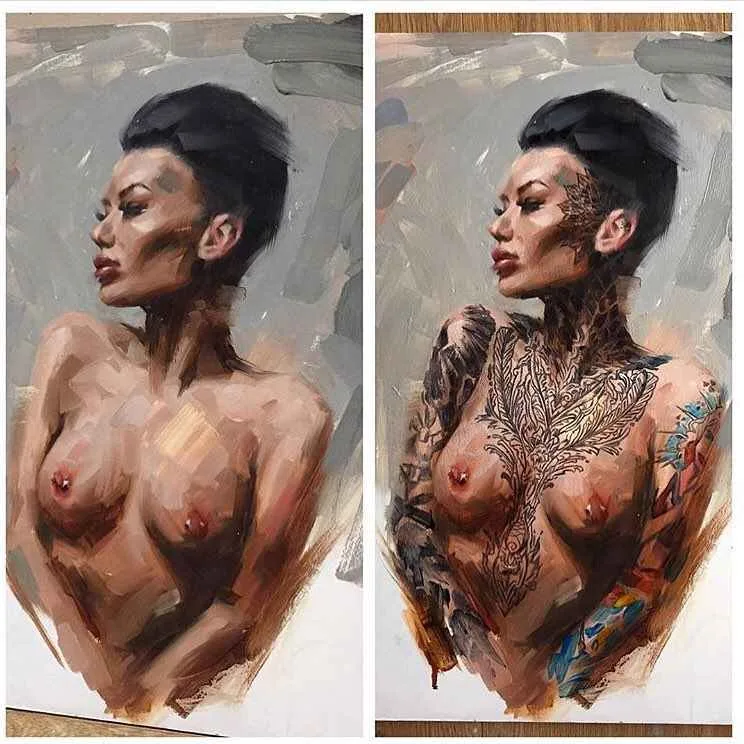 As pinturas do artista Chris Guest, imagens Neo Pin-Up com modelos tatuados | Reino Unido