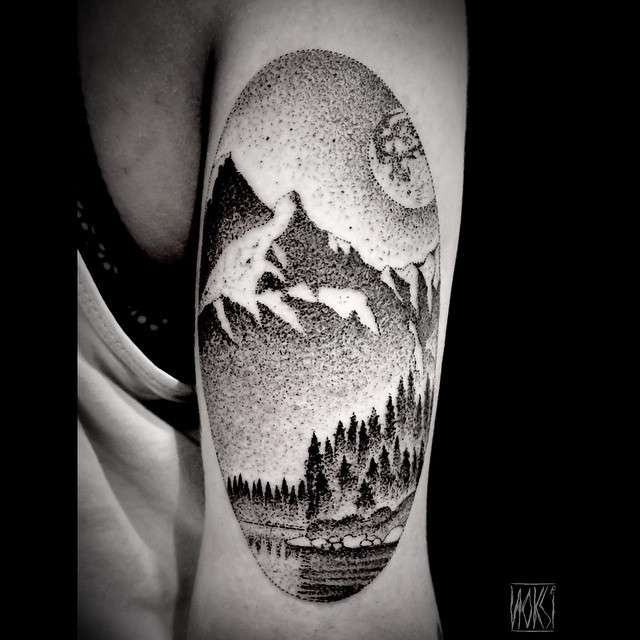 Tattoo uploaded by Memories & Mischief Tattoo Studio • Dotwork Edelweiss  and Mountain Landscape - Designed and Tattooed by Mister Mostyn • Tattoodo