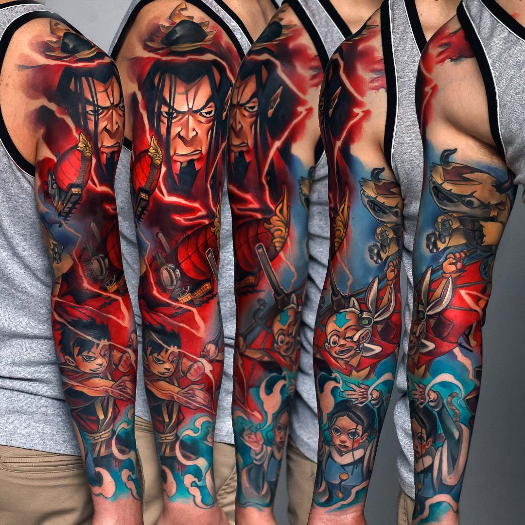 Tattoo artist Uncl Paul Knows, color new school sleeve tattoo.