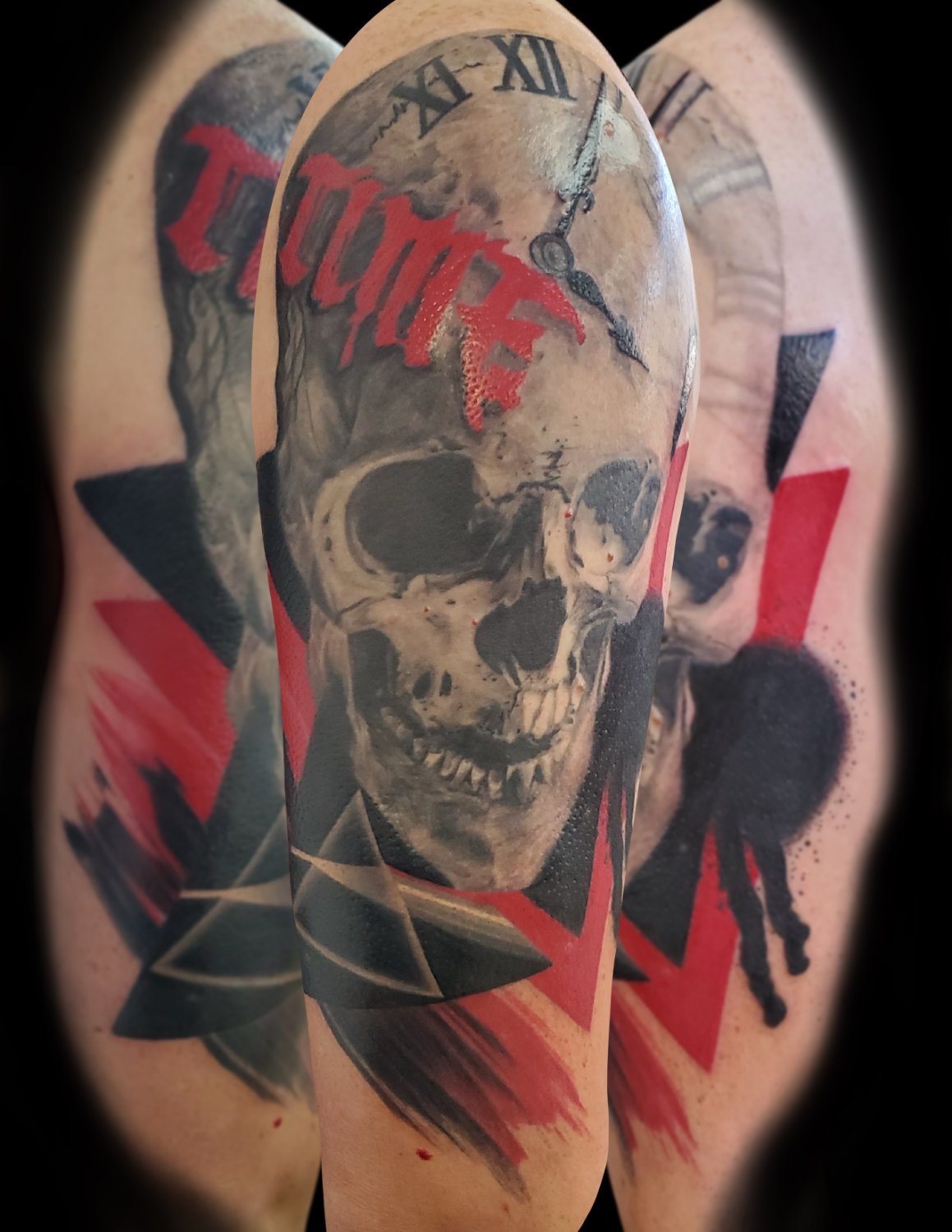 A tattoo on an arm featuring a realistic grey skull with a clock face on its forehead showing Roman numerals, overlaid with the word TIME in distressed red lettering, surrounded by sharp black and red geometric shapes and a black spider.