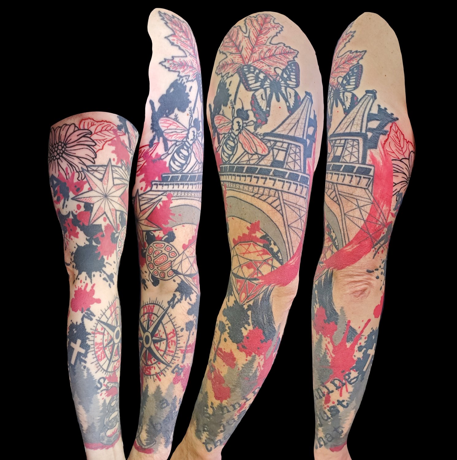A full sleeve tattoo on an arm featuring the Eiffel Tower, butterflies, bees, red maple leaves, a compass rose, a sea turtle, a sunflower, and silhouetted trees, all rendered in black, red, and grey with ink splatters and abstract shapes throughout.