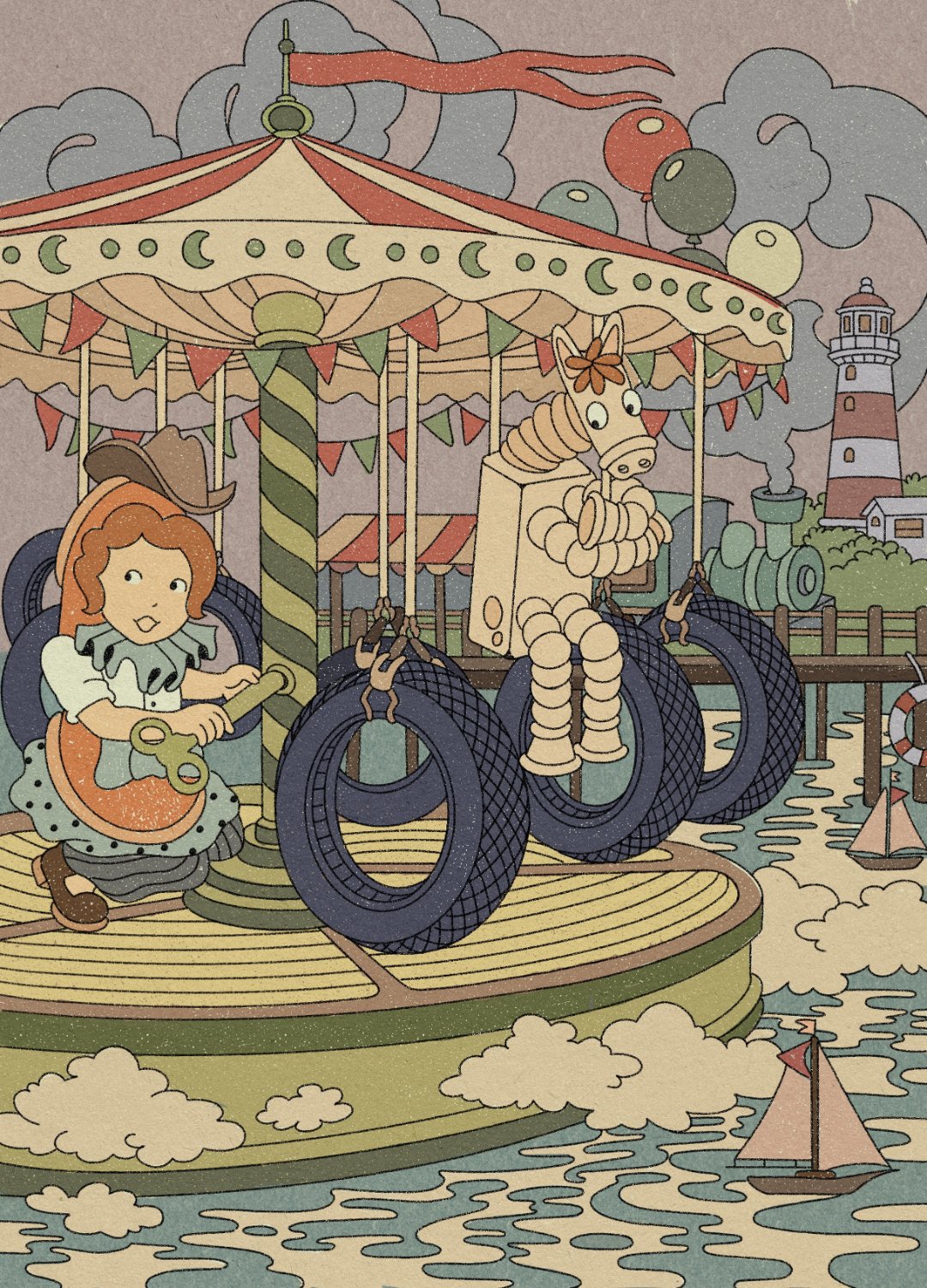 A retro-style coloured illustration of a carousel scene. A girl in a cowboy hat and polka-dot apron turns a large winding key. A pale wooden toy horse sits on a tyre swing. The striped canopy is hung with pennant flags and crescent moon motifs. A lighthouse, toy train, balloons, and sailboats appear