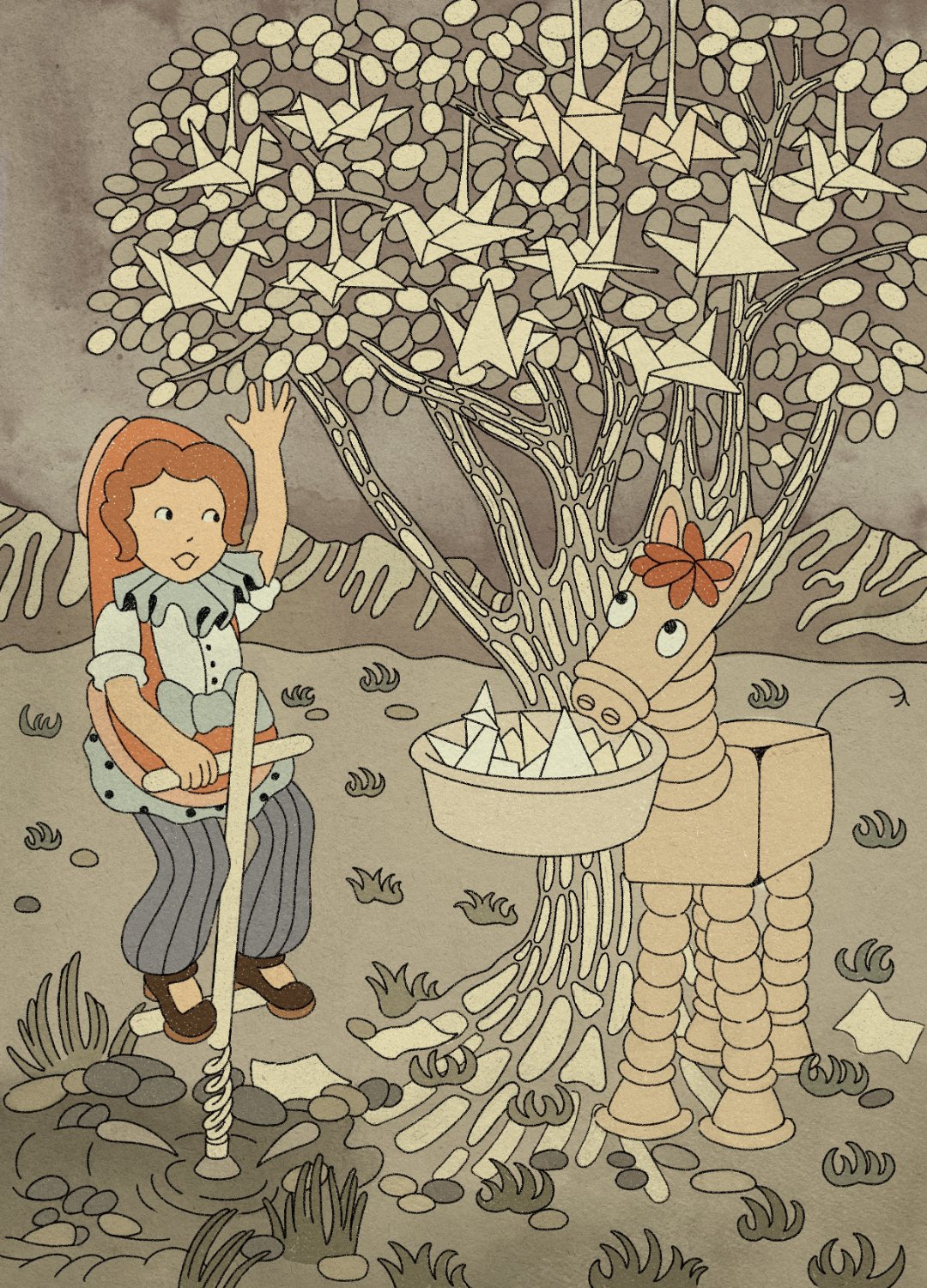 A muted, cartoonish illustration of a girl with reddish-brown hair in a patterned vest and striped trousers, sitting on a hobby horse on stilts and waving at a boxy automaton horse. The automaton holds a bowl of origami cranes on its back. A large tree above them is hung with dozens of white paper c