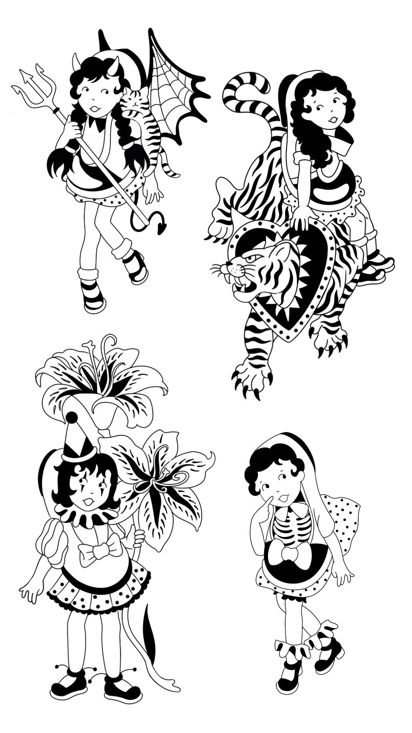 A black and white illustration sheet with four Shoekids character designs. Top left: a girl dressed as a devil with horns, trident, bat wings, and a striped cat on her shoulder. Top right: a girl riding a snarling tiger with a shield on its chest. Bottom left: a clown girl in polka-dot skirt holding