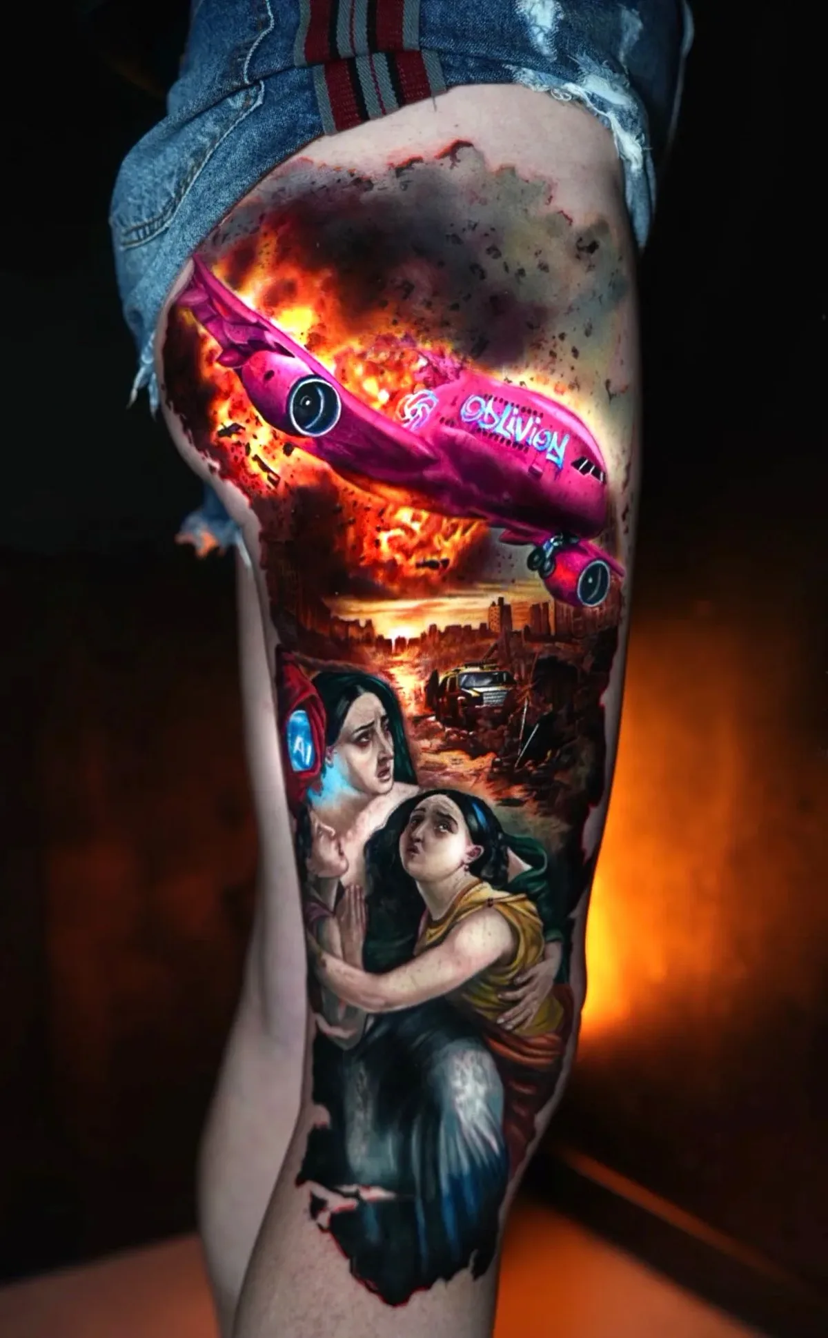 A hyperrealistic colour tattoo on a leg showing a pink aeroplane on fire above a destroyed urban landscape; in the foreground two women and a child cower, one with a glowing blue AI symbol at her temple.