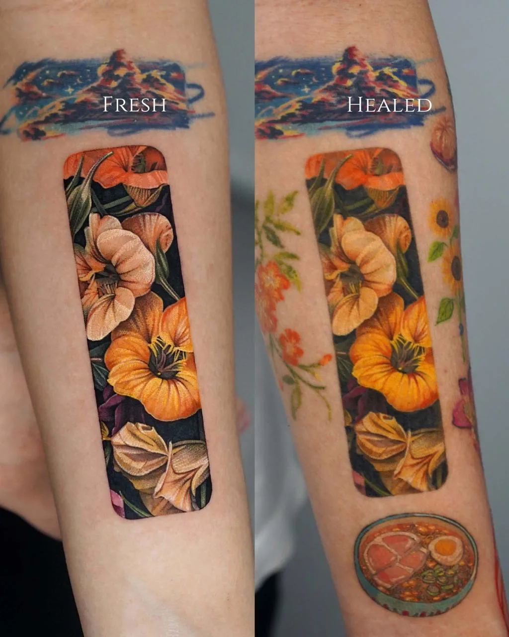 A diptych labeled FRESH and HEALED showing a forearm tattoo shaped like a bandage, filled with orange, peach, and yellow trumpet-shaped flowers and deep-purple leaves; a ramen bowl tattoo and a swirling sky tattoo are visible on the surrounding arm.