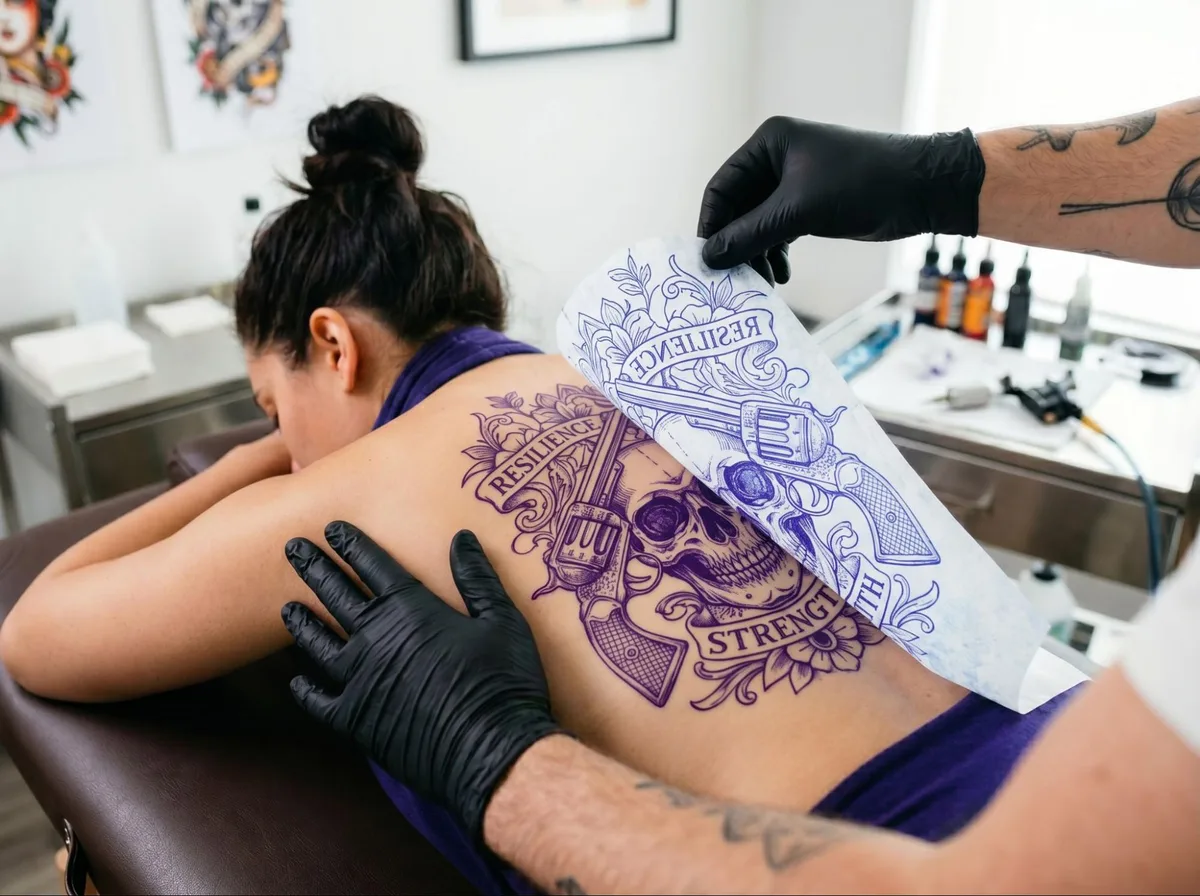 Full-length stencil printed on the TA81 for a large-scale tattoo project