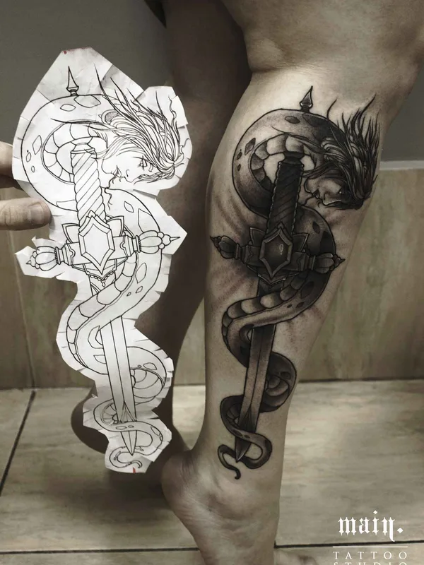 black and grey blackwork татуировка на calf #19490 | Тату мастер Богдан 